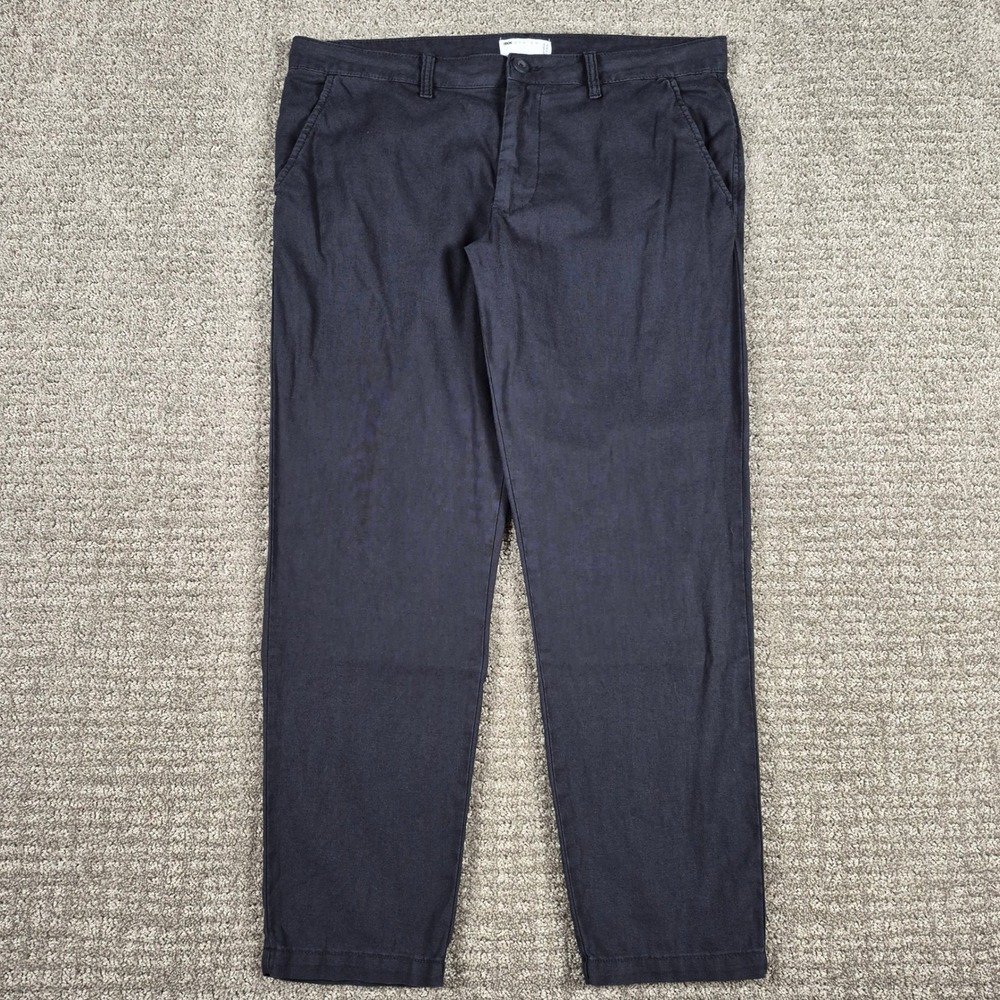 ASOS Design Pants Mens 36x28 Navy Blue Slim Fit Linen Cotton Blend Chino Trouser